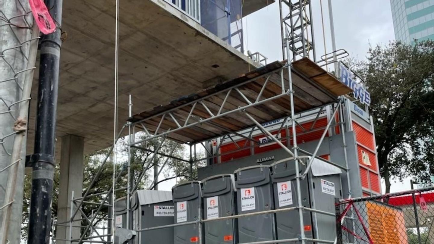 Portable restrooms at construction site