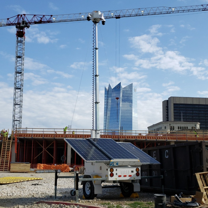 Portable solar power trailer on construction site